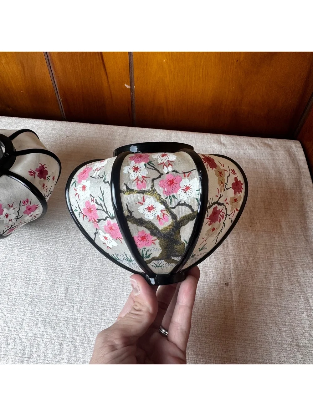 Vintage Japanese Hina Doll Bonbori Lantern Tops Pair Cherry Blossom Pink Black